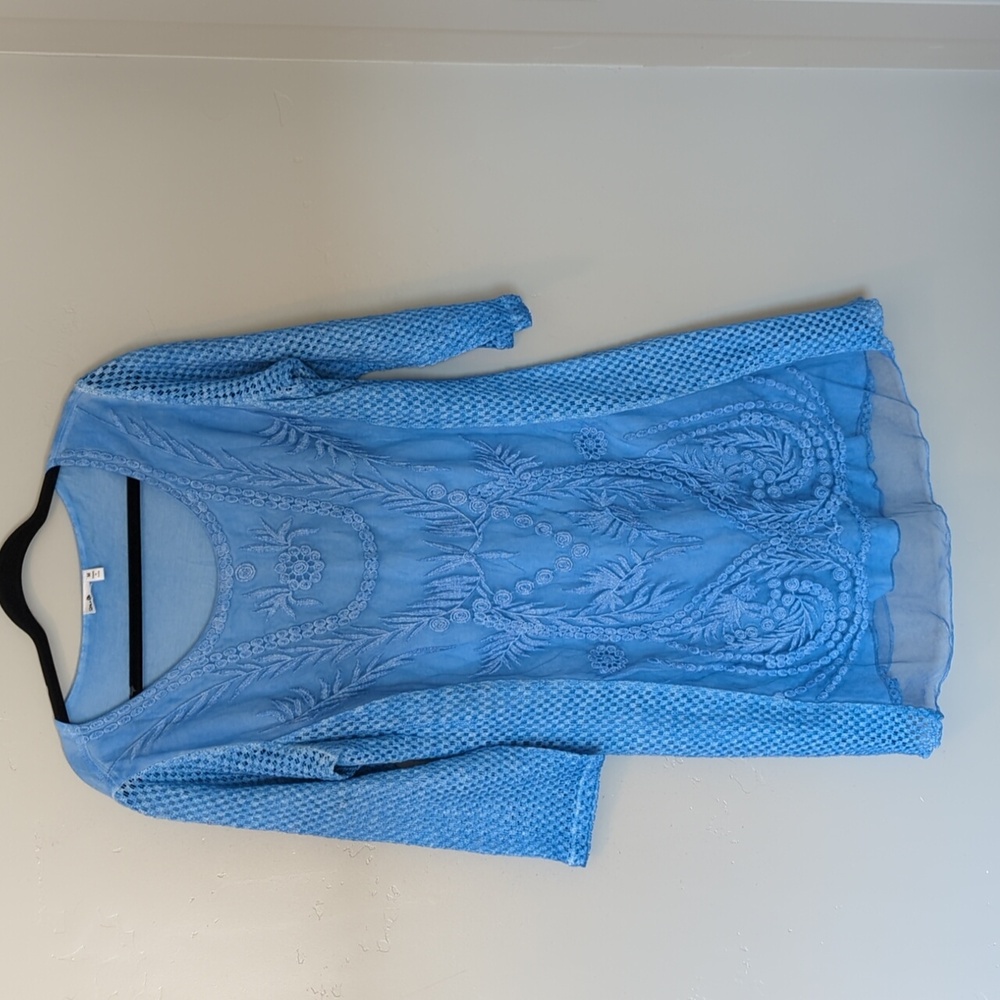 Blue Lacy‎ Lined Indian Kurta Midi Long Sleeve Women's Dress M